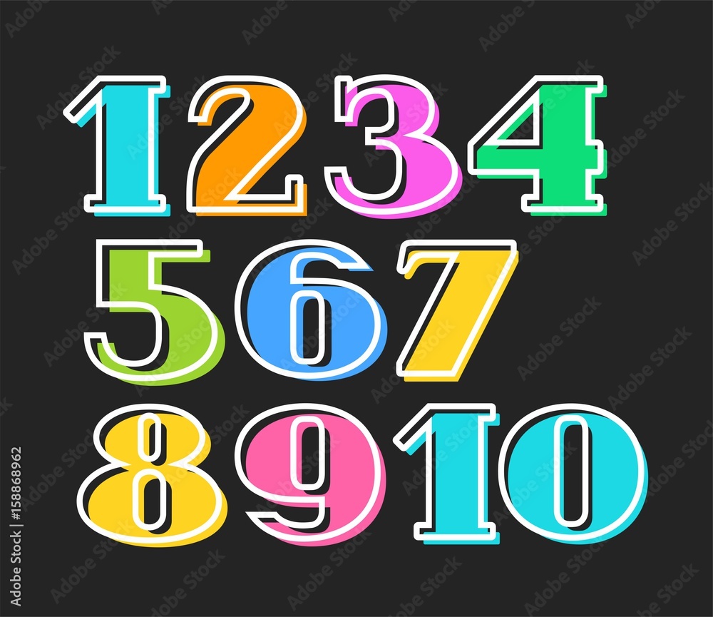 Colored numbers, white outline, black background, vector.  Flat figures, the thin white outline is offset to the side.  