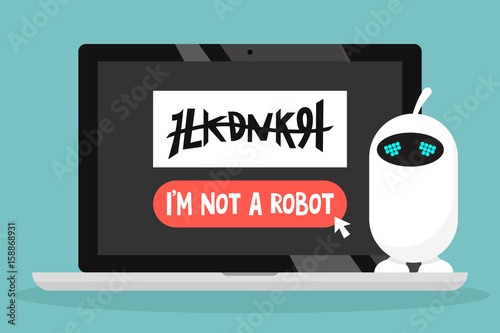 Upset funny robot cannot pass the anti-bot test / flat editable vector illustration, clip art