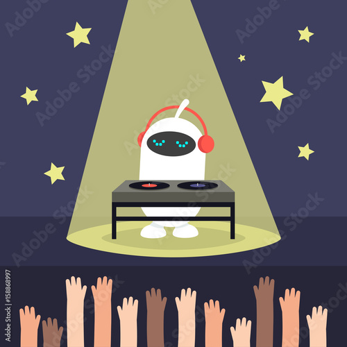 Cute white robot playing a DJ-set / flat editable vector illustration, clip art