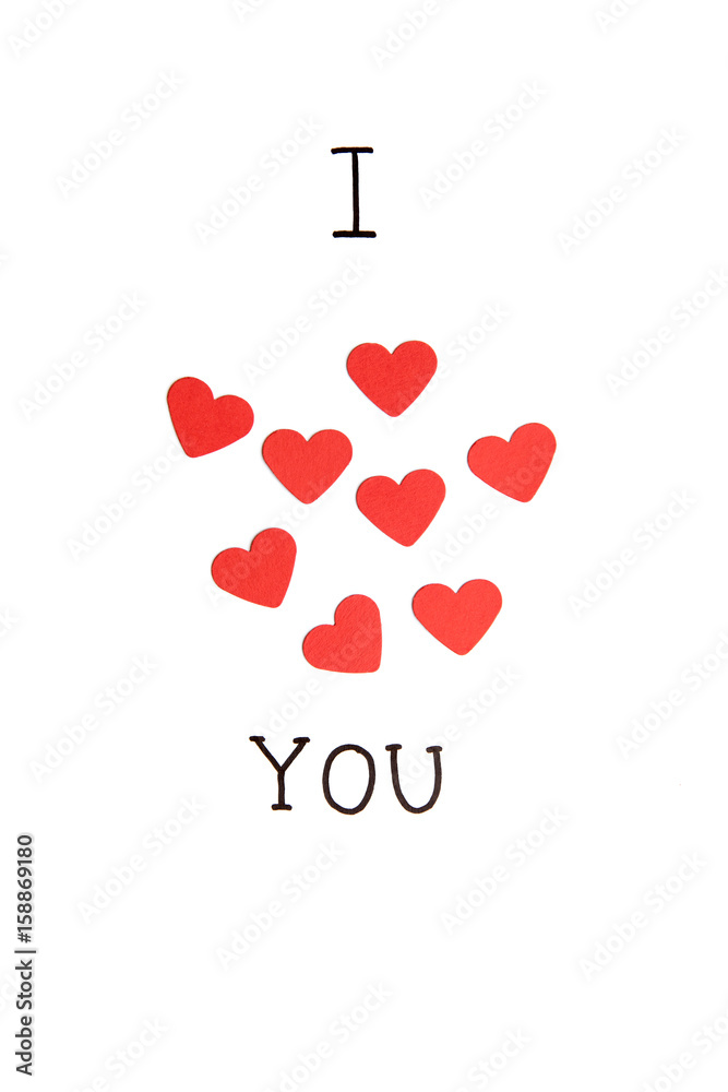 Obraz premium I love you, I heart you. Hand drawn inscription with group of red hearts isolated on white