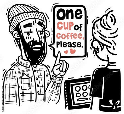 Comic bearded hipster orders one cup of coffee at the checkout counter