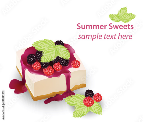 Summer sweet cheesecake with berry fruits syrop. Delicious fresh dessert Vector