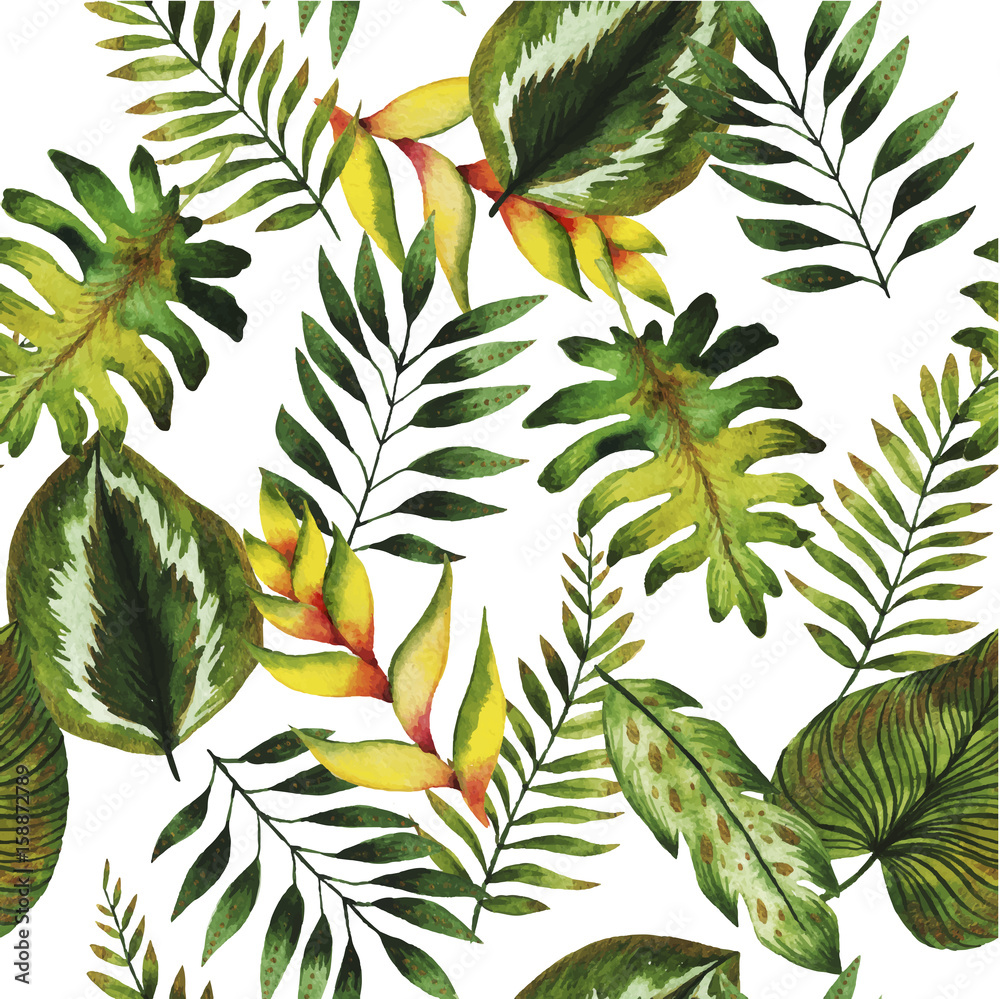 Fototapeta Watercolor seamless pattern. Summer tropical plants and flowers.