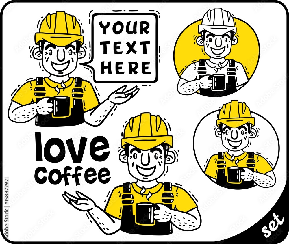 Working man in protective helmet with cup of coffee yellow set Working man in protective helmet with cup of coffee yellow set
