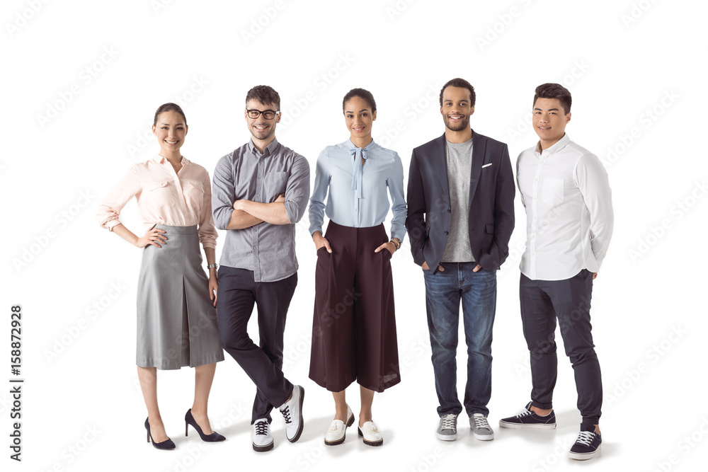 group of multiethnic businesspeople standing together isolated on white group of multiethnic businesspeople standing together isolated on white