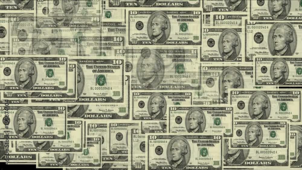 4k Float 10 dollars money wealth background.