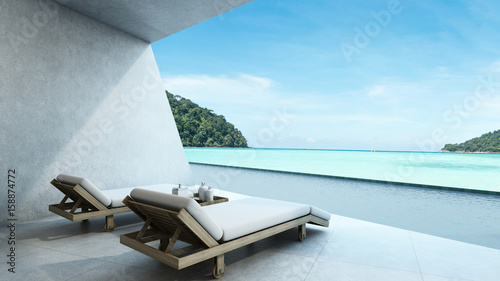 Beach chair in space design Modern & Loft material concrete pool villa take view sea - 3D render © methajam