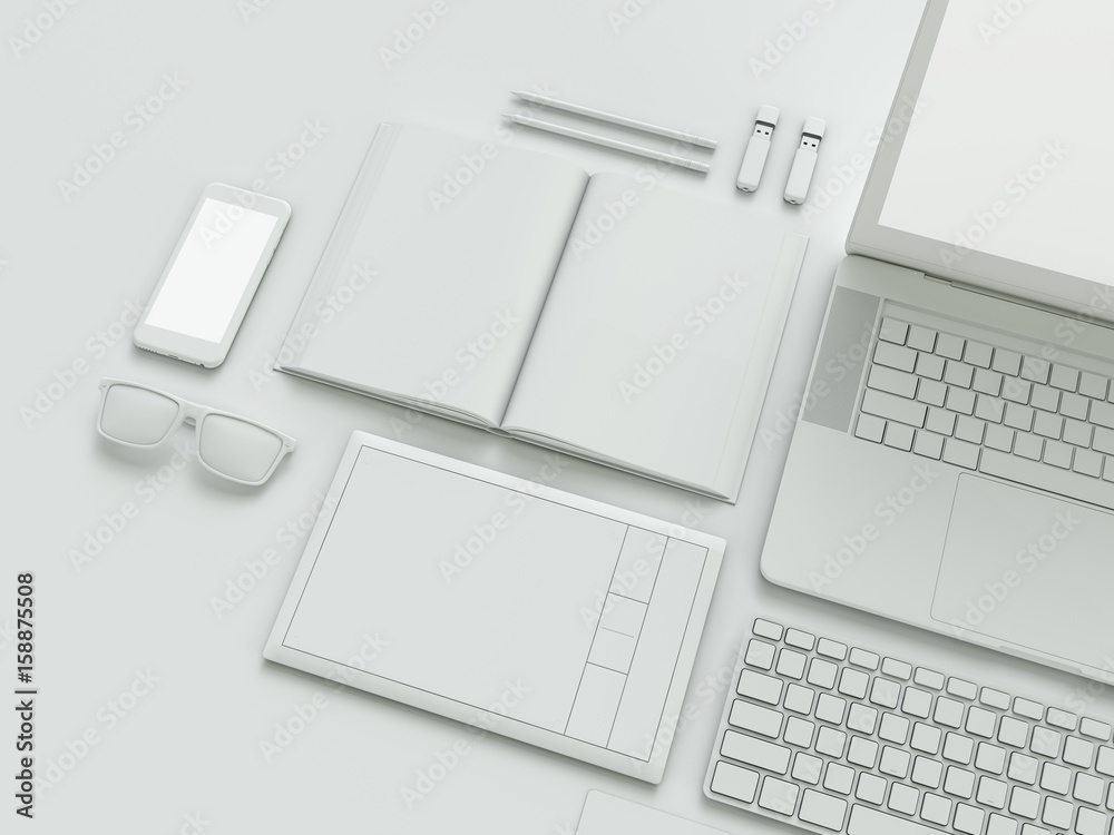 Modern office workplace with metallic laptop, digital tablet, mobile phone, papers, notepad and others business objects and items lying on a desk. Isolated on white background. Modern office workplace with metallic laptop, digital tablet, mobile phone, papers, notepad and others business objects and items lying on a desk. Isolated on white background.