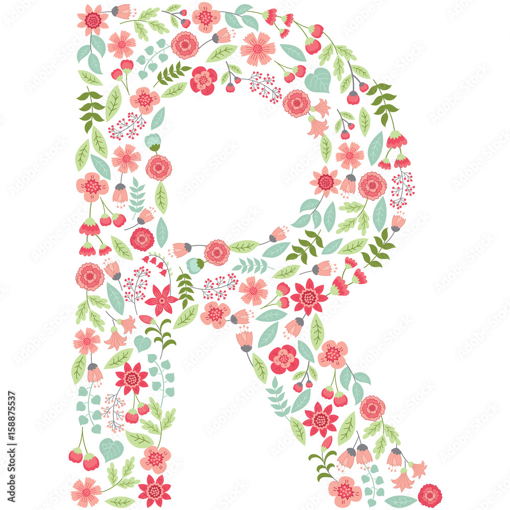 Vector floral letter R. Vector floral abc. English floral alphabet. Font vector illustration