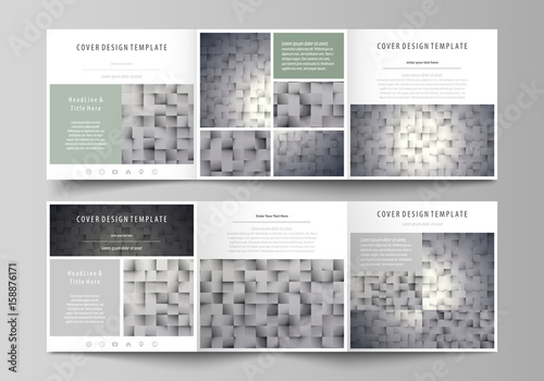 Set of business templates for tri fold square design brochures. Leaflet cover  abstract layout  easy editable vector. Pattern made from squares  gray background in geometrical style. Simple texture.