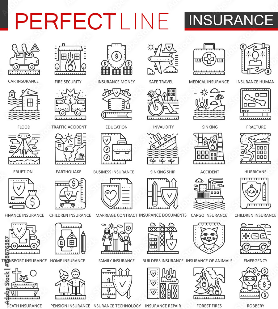 Insurance outline concept symbols. Health and life care Perfect thin line icons. Modern stroke linear style illustrations set.
