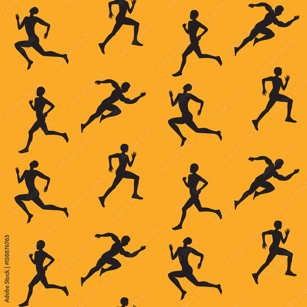 Pattern athletes running silhouette black on a yellow background art creative vector