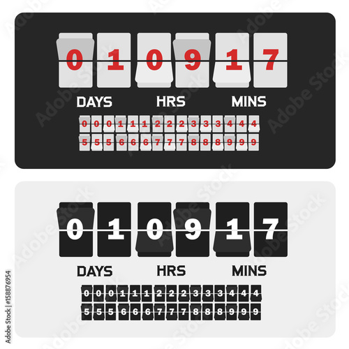 Event presentation sale timer. Number counter template banner, all digits with flips included. Countdown clock digits board. Vector illustration.