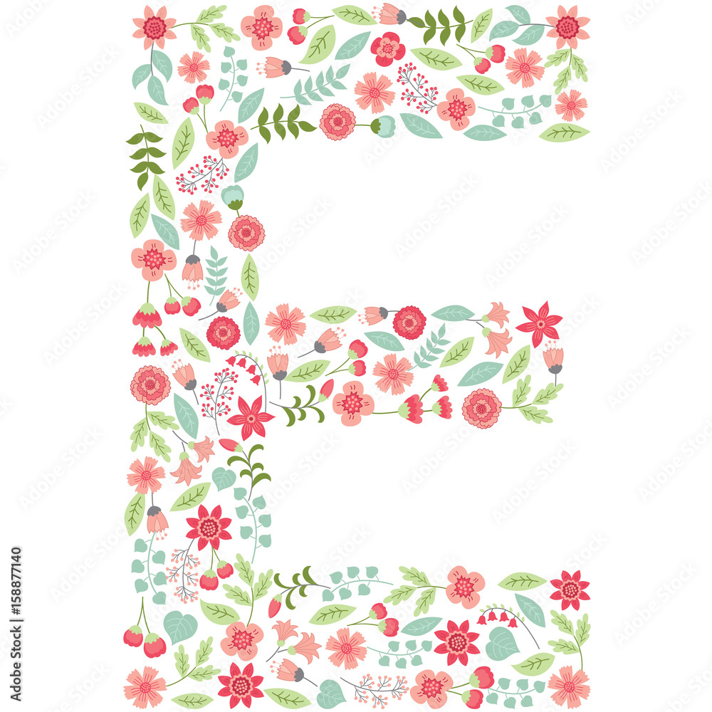 Vector floral letter E. Vector floral abc. English floral alphabet. Font vector illustration. Vector floral letter E. Vector floral abc. English floral alphabet. Font vector illustration.
