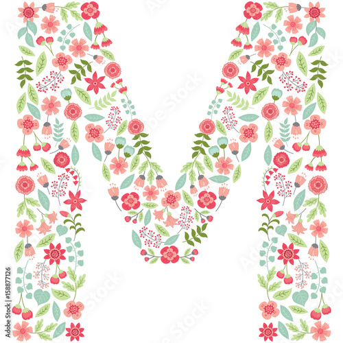 Vector floral letter M. Vector floral abc. English floral alphabet. Font vector illustration. 