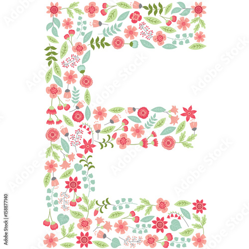 Vector floral letter E. Vector floral abc. English floral alphabet. Font vector illustration. 