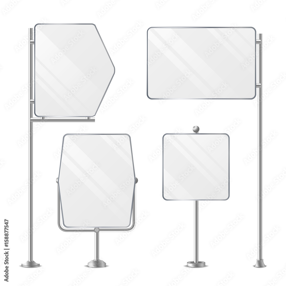 3D Blank Boards On Poles For Placing Price And Business Advertising. Outdoor Empty Holder Stands Set. Isolated On White Background. Vector Illustration 3D Blank Boards On Poles For Placing Price And Business Advertising. Outdoor Empty Holder Stands Set. Isolated On White Background. Vector Illustration