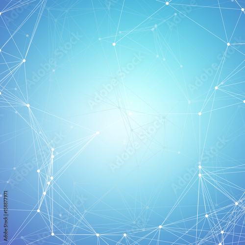 Chemistry pattern, connecting lines and dots, molecule structure on blue, scientific medical DNA research, geometric graphic background. Medicine, science and technology concept. Minimalistic design.