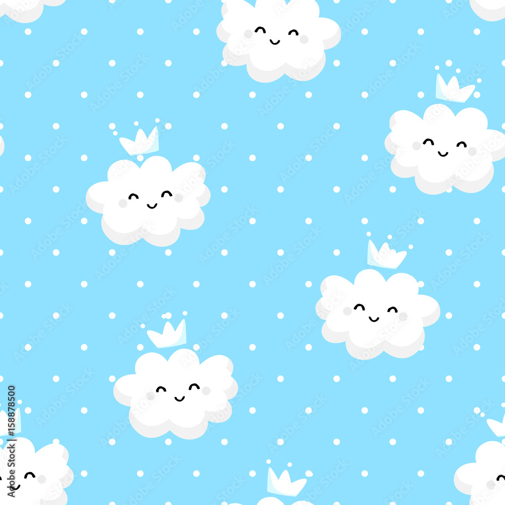 Seamless pattern polka dot with cute clouds on blue background. Ornament for children's textiles and wrapping. Vector.