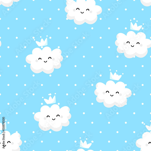 Seamless pattern polka dot with cute clouds on blue background. Ornament for children's textiles and wrapping. Vector.