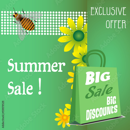 Green background with yellow flowers, bee, shopping bag and the text summer sale written with white letters