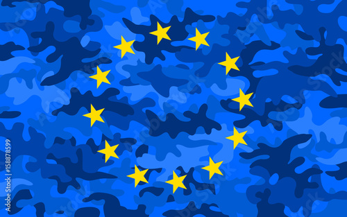 European Union Army - yellow stars and blue camouflage field as metaphor of EU and military integration - alliance of allies to protect of defense Europe
