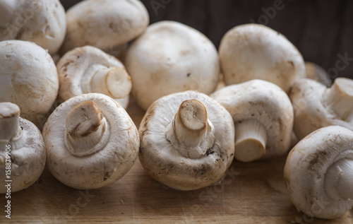 Fresh dirty сhampignon mushroom before peel on the wooden table