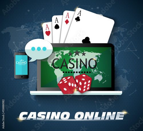 Online casino design poster banner. Tablet with poker chips and cards on table. Casino gambling background, poker mobile app. Vector EPS10
