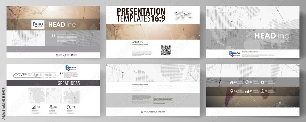 The minimalistic abstract vector illustration of the editable layout of high definition presentation slides design business templates. Global network connections, technology background with world map.