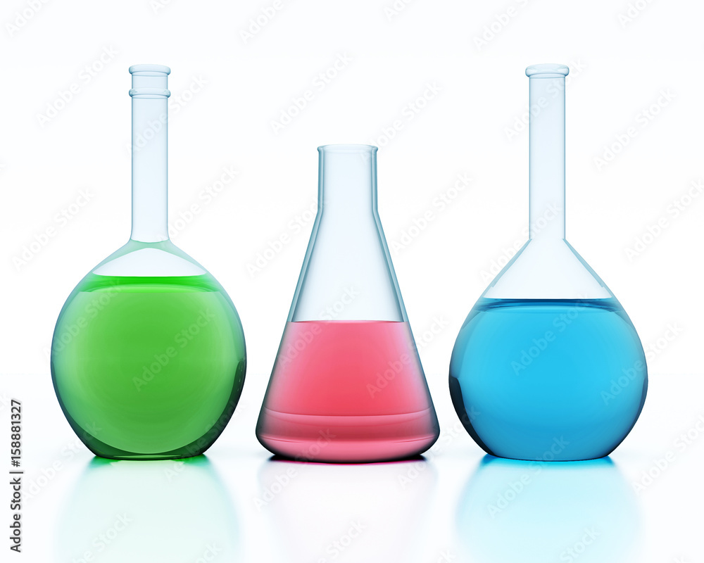 Flasks with liquids on white background. 3D rendering Flasks with liquids on white background. 3D rendering