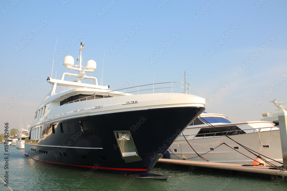 Expensive white yachts and boats are in the port