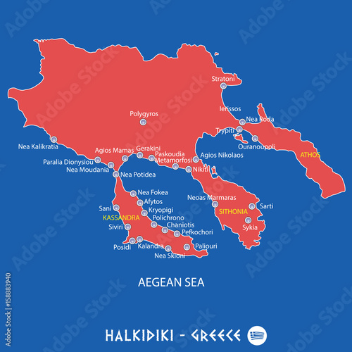 peninsula of halkidiki in greece red map illustration