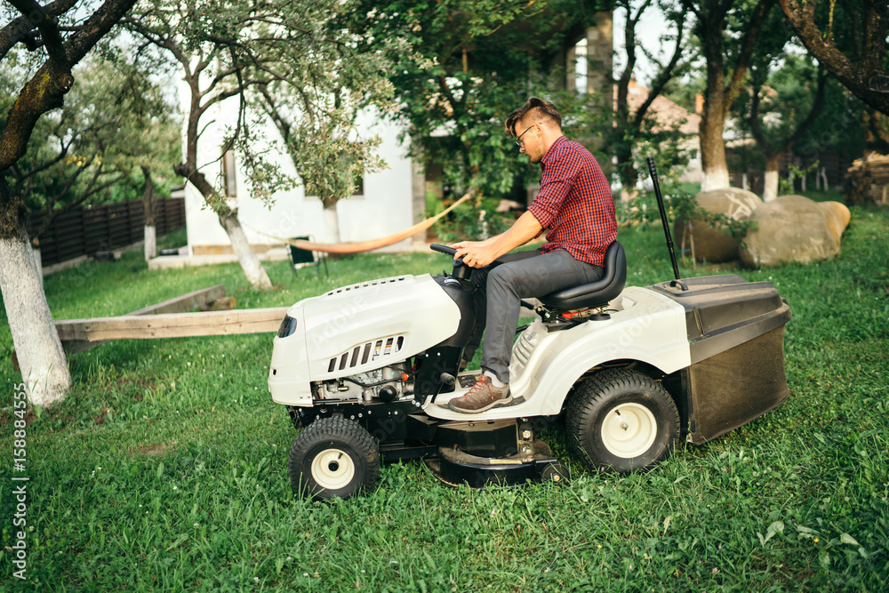 Fototapeta premium Male worker using garden lawn mower and cutting grass