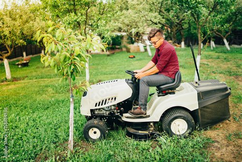 Vászonkép Male gardner using lawn mower for cleaning and landscaping works