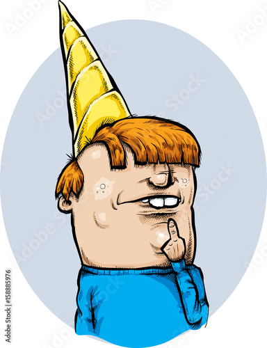 A cartoon teen looking confused with Dunce Cap on his head.