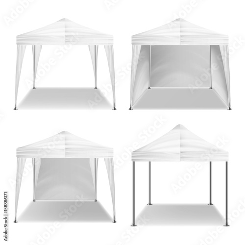Folding Tent Outdoor Pavilion Set Vector. Realistic Template Blank. Promotional Outdoor Event Trade Show Pop-Up White Tent Mobile Marquee, Template. Product Advertising. Vector Illustration