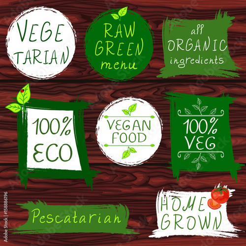 Vintage signs: vegetarian, raw green menu, all organic ingredients, 100 ECO, vegan food, 100 VEG, pescatarian, home grown. On wooden background.