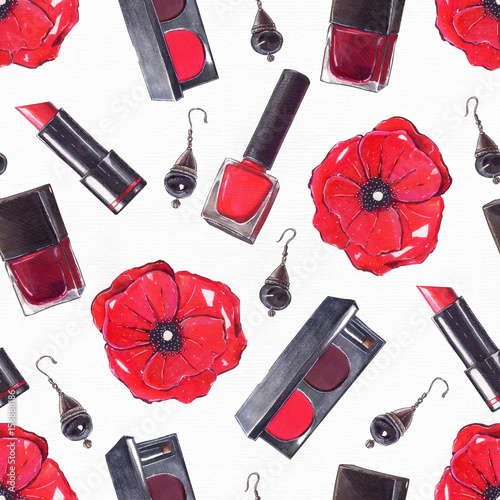 Fashion set hand drawn in bright colors with pencils and liner in red and black colors on white watercolor paper. Seamless pattern with beauty products nail polish, rouge, lipstick, poppy flower
