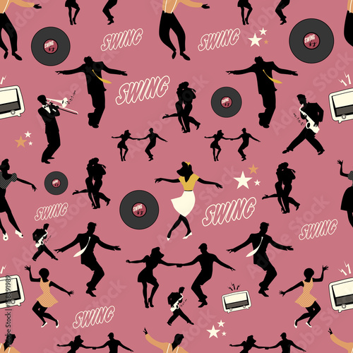 Swing dance pattern. Dancers and musicians. Retro style. Seamless.