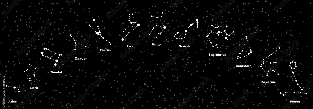 Raster illustration. Constellations of the 12 zodiac signs, constellations, icons. Zodiac sign of the   stars on black background. Glowing lines and points. Star chart, map. Constellations with titles - obrazy, fototapety, plakaty 