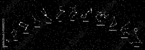 Raster illustration. Constellations of the 12 zodiac signs, constellations, icons. Zodiac sign of the   stars on black background. Glowing lines and points. Star chart, map. Constellations with titles