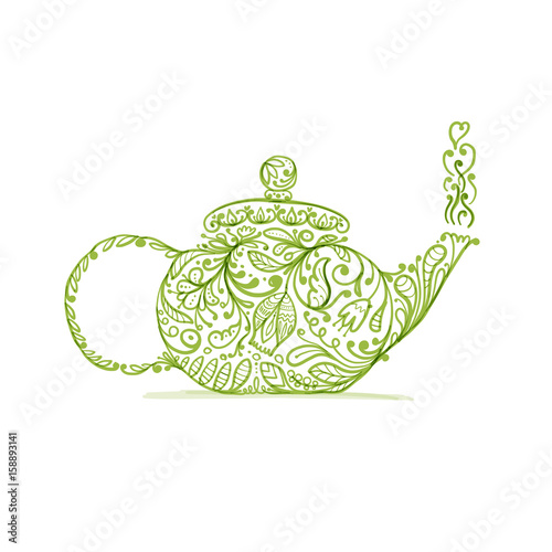 Teapot sketch with green tea for your design