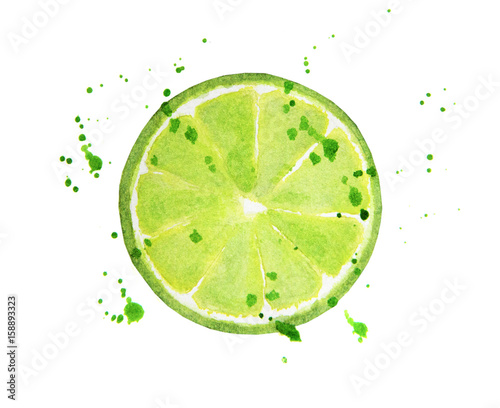 Lime slice with splashes isolated on white background. Watercolor food illustration, art painting