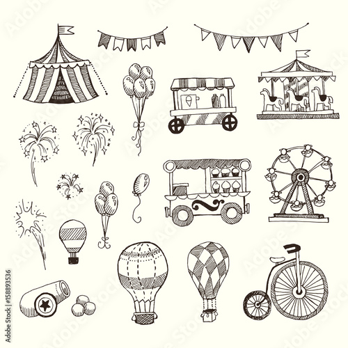 Doodle Set of Circus elements isolated on white, Black contour for coloring