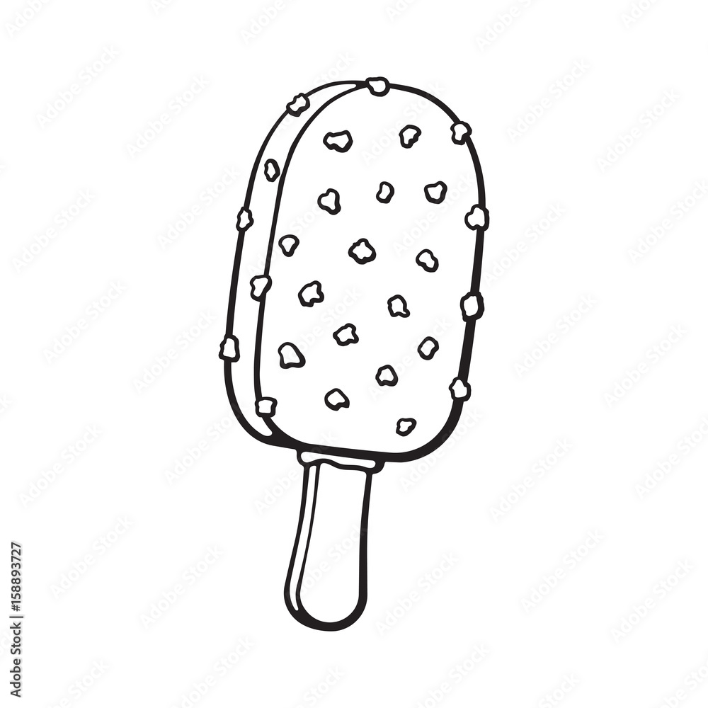 Vector illustration. Hand drawn doodle of ice cream choc-ice with nuts. Cartoon sketch.  Decoration for menus, signboards, showcases, greeting cards, posters, wallpapers