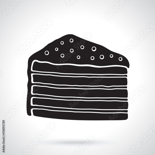 Vector illustration. Silhouette of a piece of multilayered cake with glaze cream and sugar dragees. Decoration for menus, signboards, showcases, greeting cards, wallpapers