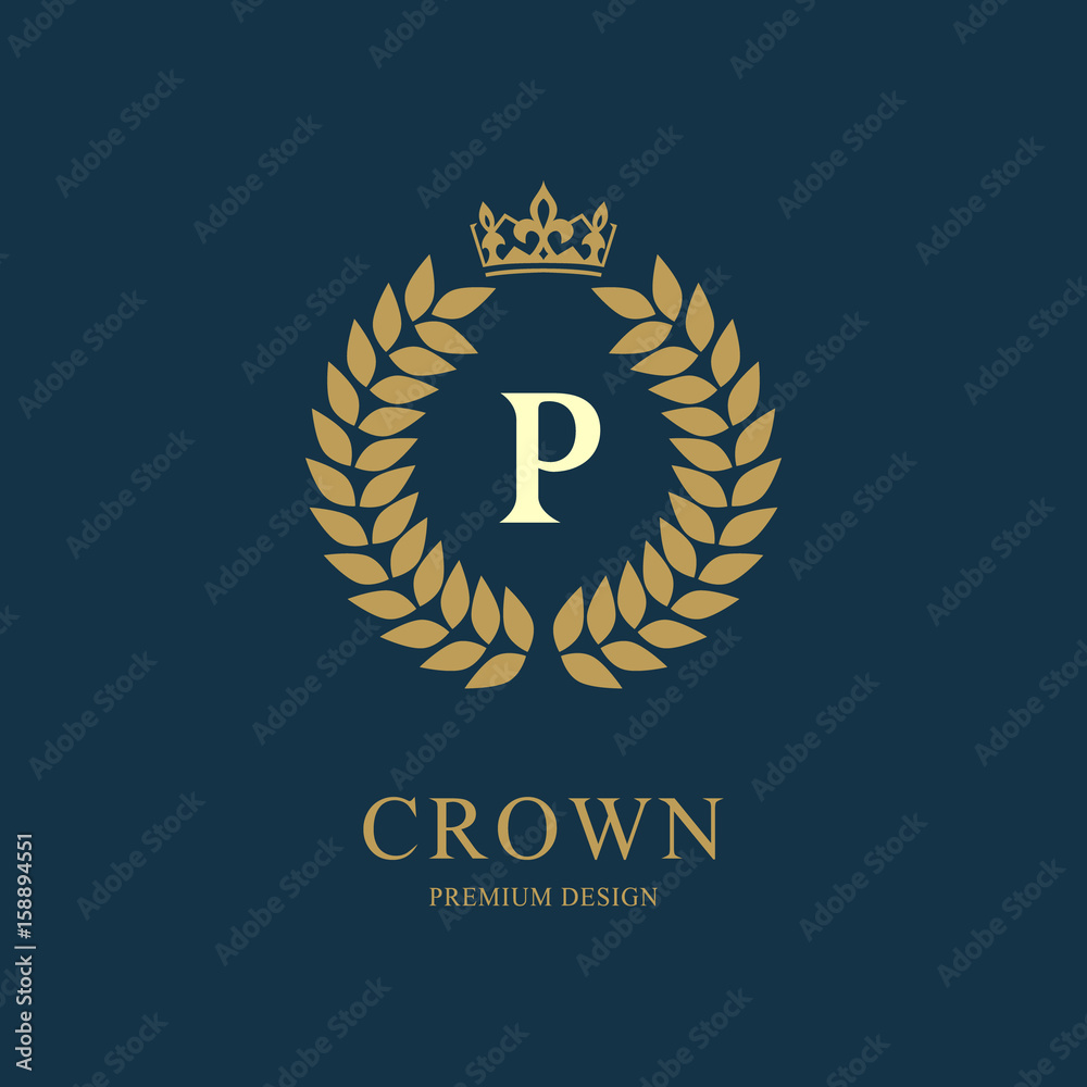 Naklejka premium Wreath Monogram luxury design, graceful template. Floral elegant beautiful round logo with crown. Letter emblem sign P for Royalty, Restaurant, Boutique, Hotel, Heraldic, Jewelry. Vector illustration