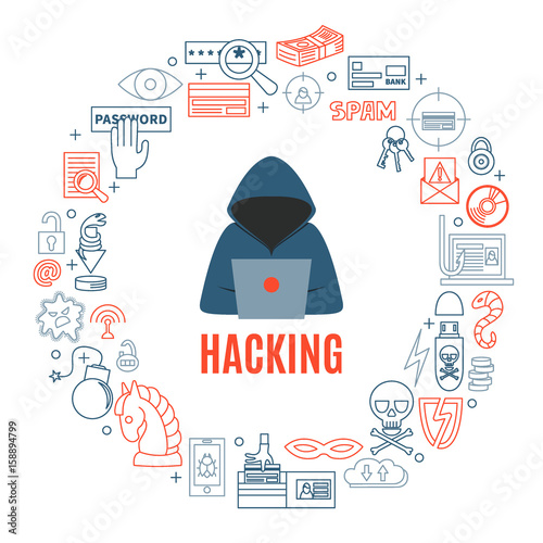 Hacking and cyber crimes round vector illustration