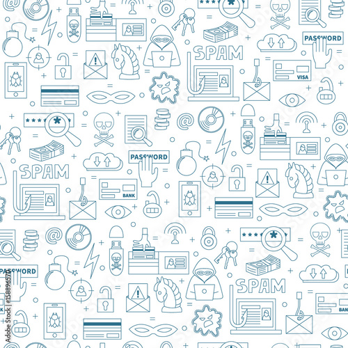 Hacking and cyber crimes icons vector seamless pattern
