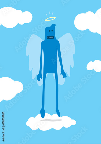 Funny doodle floating angel with wings and nimbus